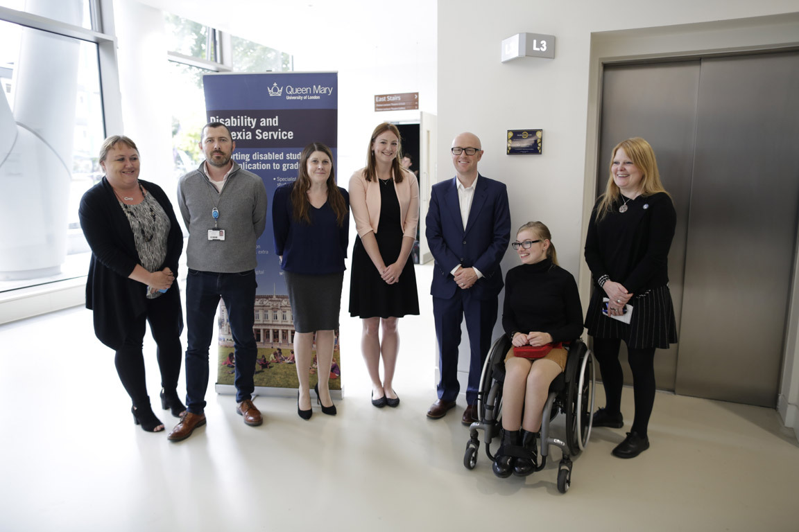 L-R: Sadie Setchell and Niall Morrissey from the Disability and Dyslexia Service, Sarah Cowls (Director of Student and Academic Services), Naomi Watkins from DisabledGo, Simon Jarvis (Head of Disability and Dyslexia Service), Katherine Toomey (Disabled and Specific Learning Difficulties Representative from the Students’ Union) and Rebecca Lingwood (Vice-Principal for Student Experience Teaching and Learning)